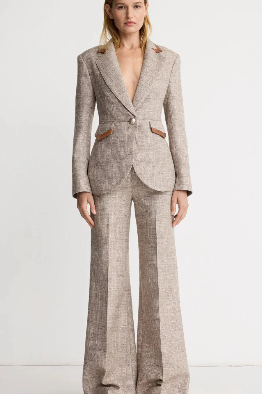 Taped Seamed Blazer Taupe Tweed - Image 3