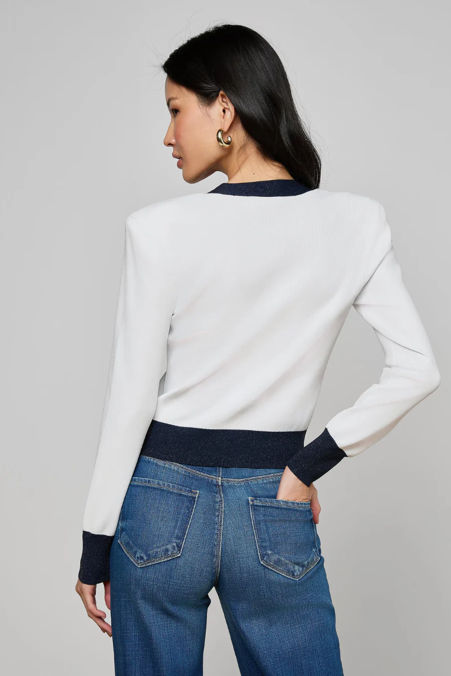 Taya V-Neck Cardigan White/ Midnight - Image 2