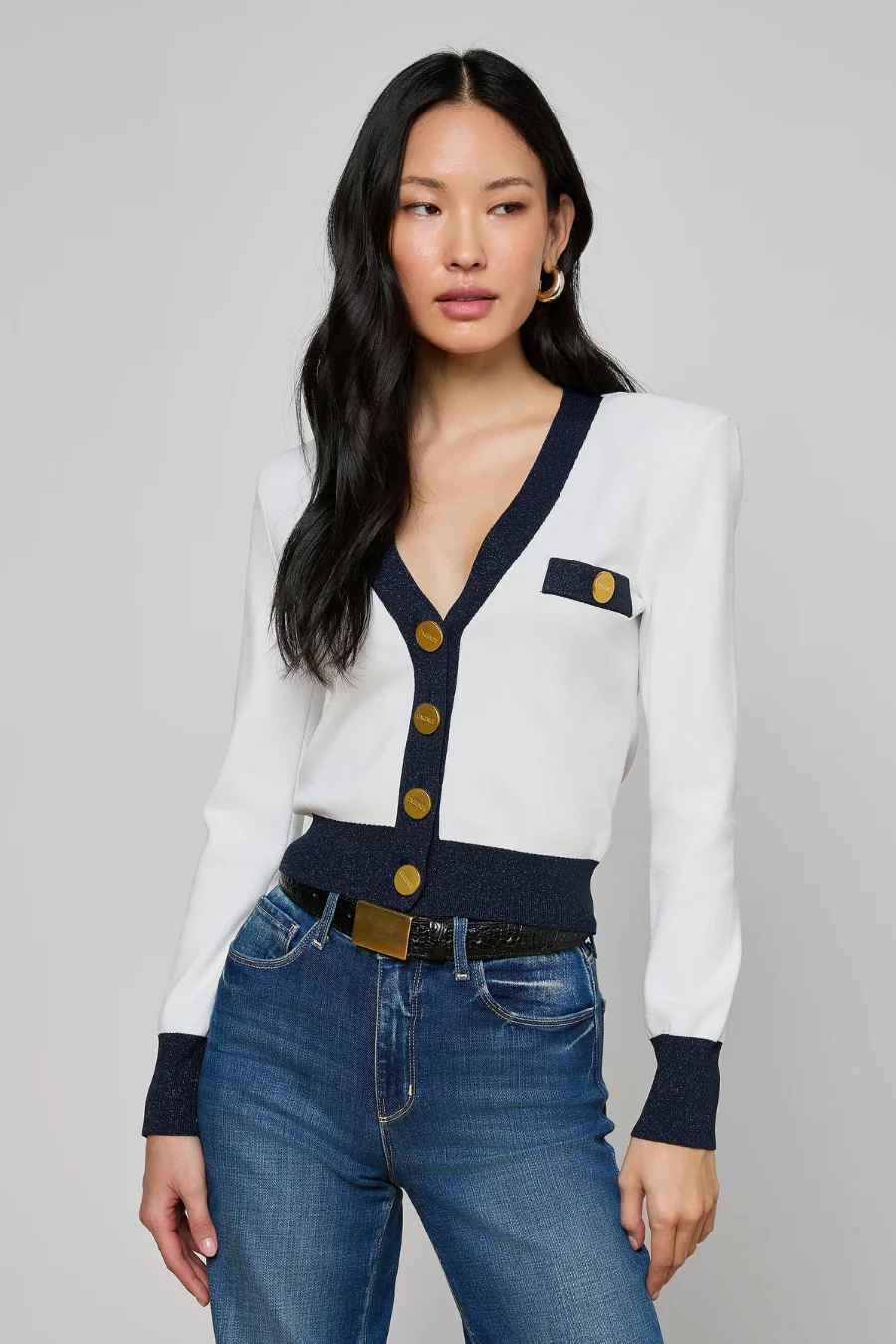 Taya V-Neck Cardigan White/ Midnight - Image 3