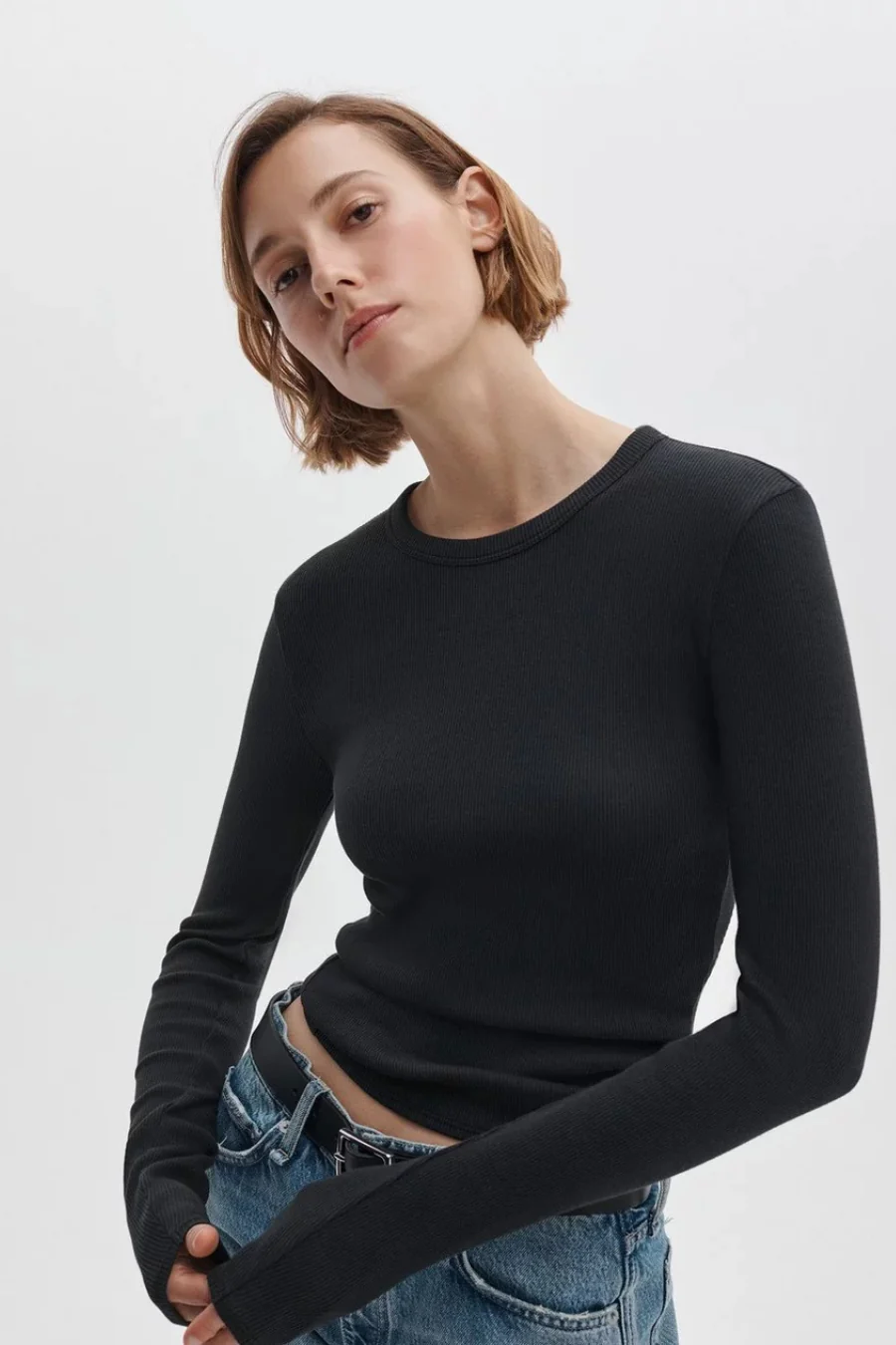 The Essential Ribbed Long Sleeve Tee Black - Image 3