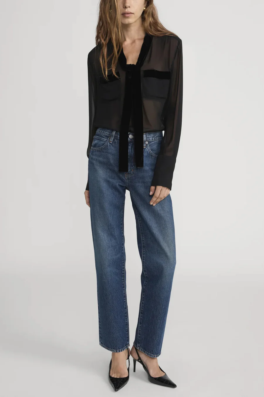 The Velvet Trim Modern Tie Blouse Black