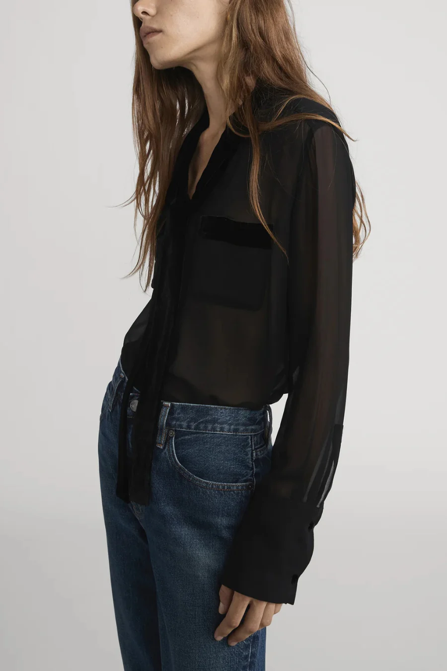 The Velvet Trim Modern Tie Blouse Black - Image 3